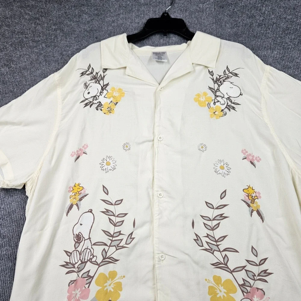 Peanuts Snoopy Woodstock Tropical Rayon Button Down Shirt Cream Mens XXL Aloha